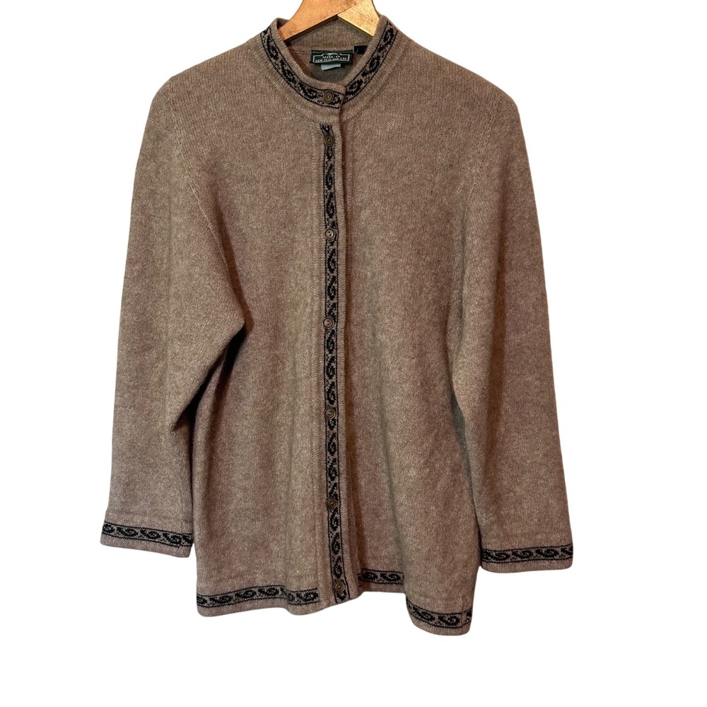 Made In New Zealand Ltd Wool Cardigan Sweater Brown Fair Isle Mock Neck Womens M
